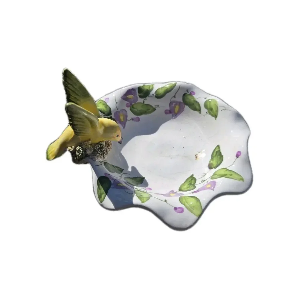 Handmade Artisan Ceramic Pottery Bird Feeder Bath Planter Yellow Koi Birds